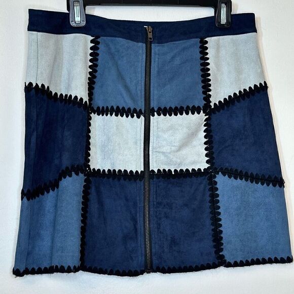 Sugar Lips Rick Rack Patchwork Zip-Up Faux Suede Mini Skirt Blue Black Large - Picture 2 of 4